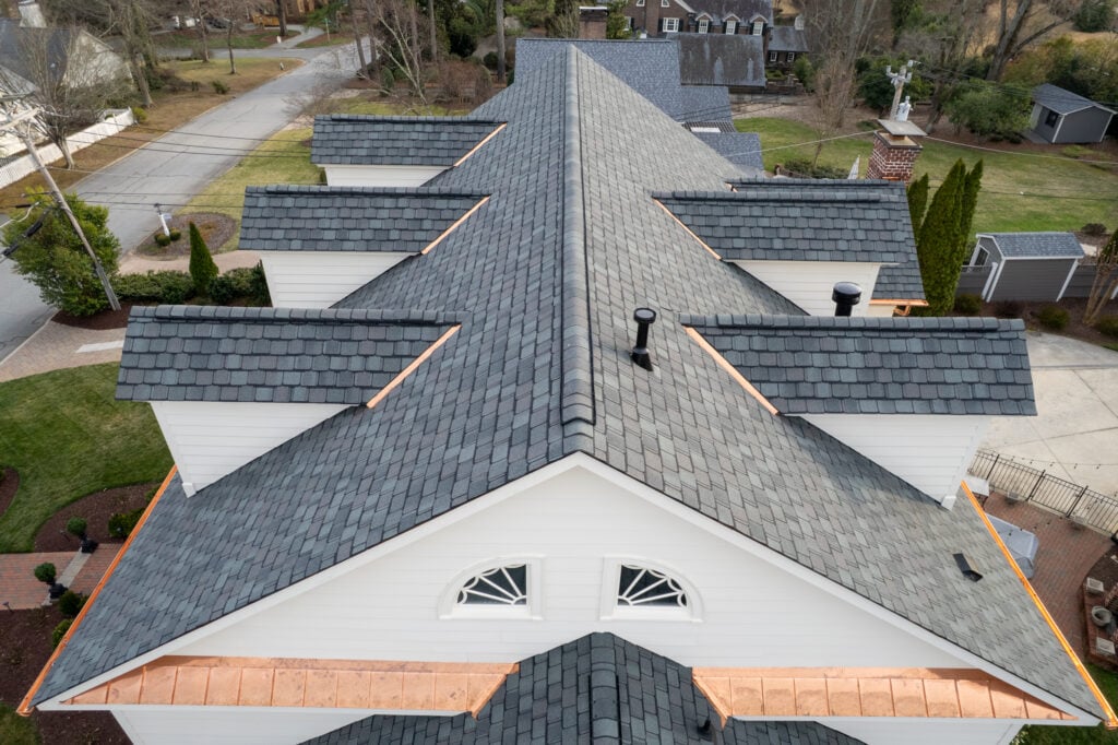 Aerial view of residential roofing project in Marvin NC