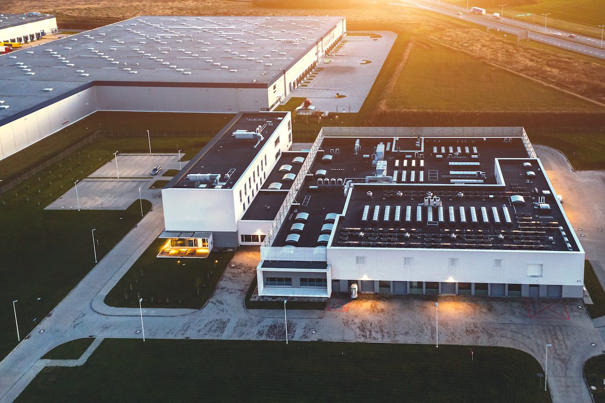 Aerial view of the logistics center in the evening Aerial view of the logistics center in the evening