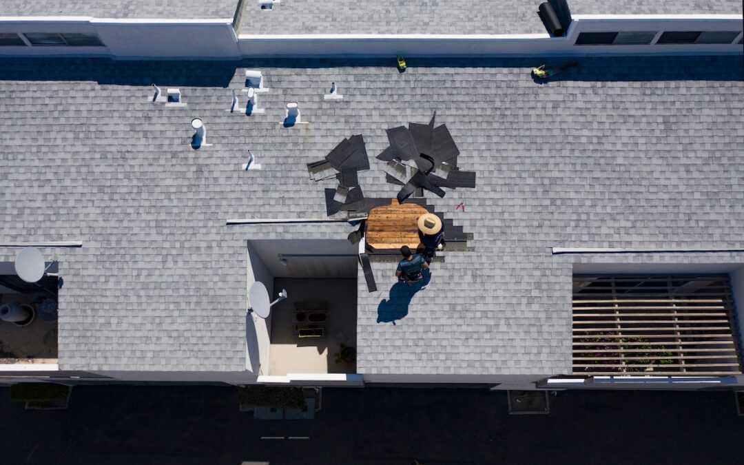 Roof Repair Inspection In Progress Aerial Above Head Condo Building Gray Shingles 2 Roofers