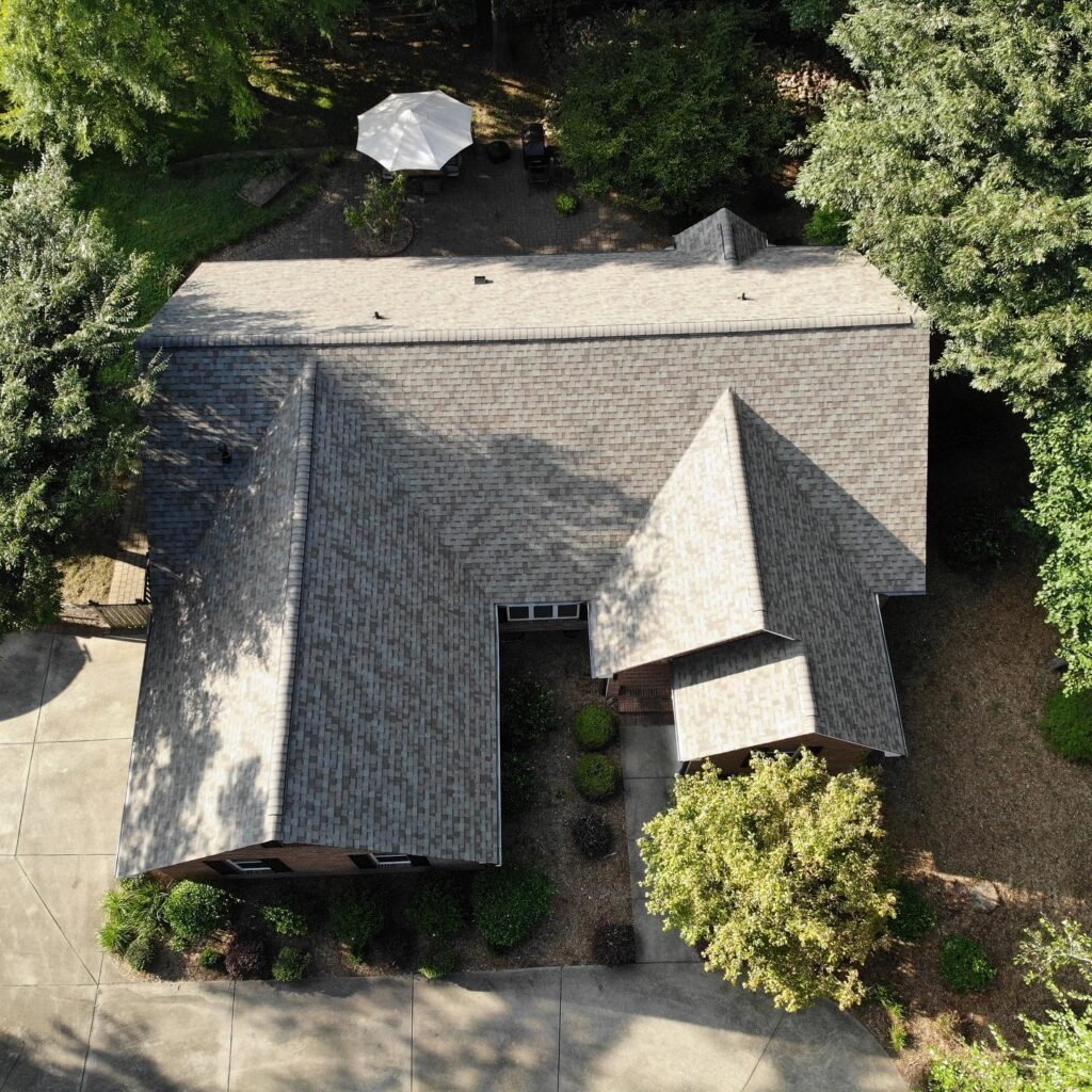 aerial view of asphalt roofing nc
