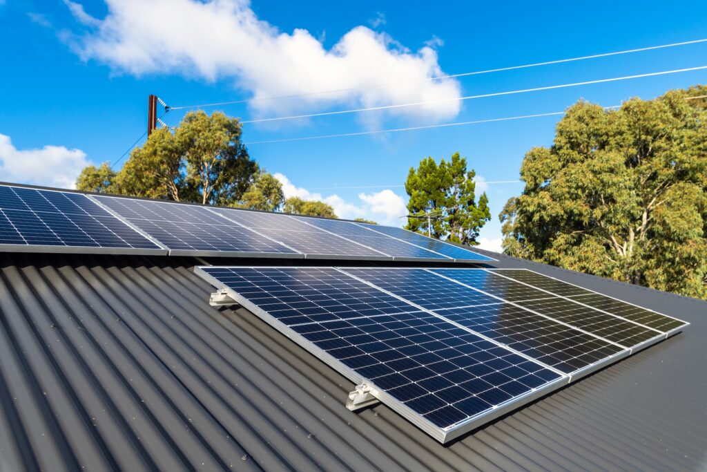 New solar panels installed on metal sheet roof of the house in South Australia