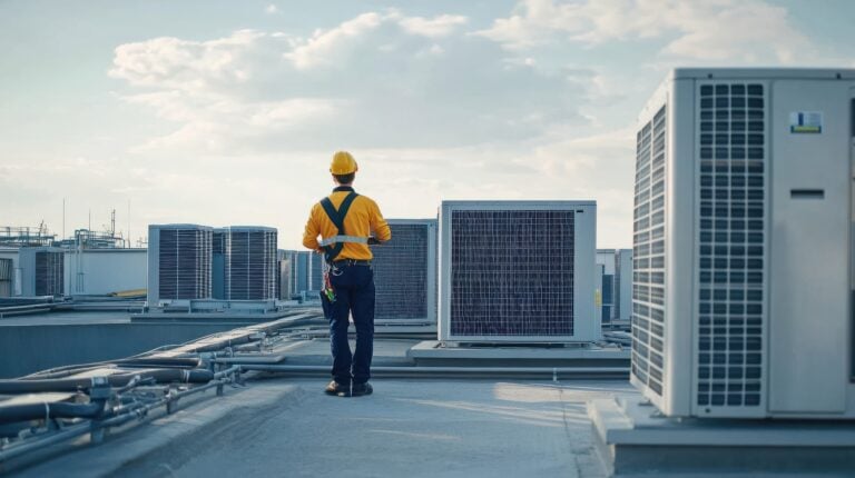 An engineer inspecting air conditioning units on the roof of a factory. Climate control.