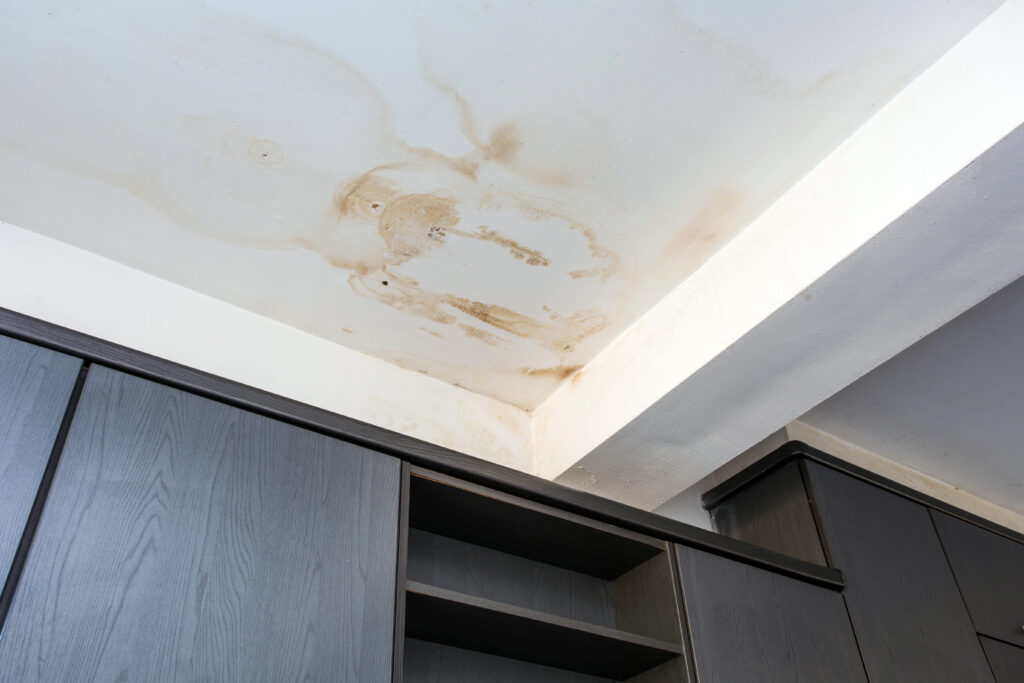 ceiling leaking in apartment Roof leakage, water dameged ceiling roof and stain on ceiling close-up