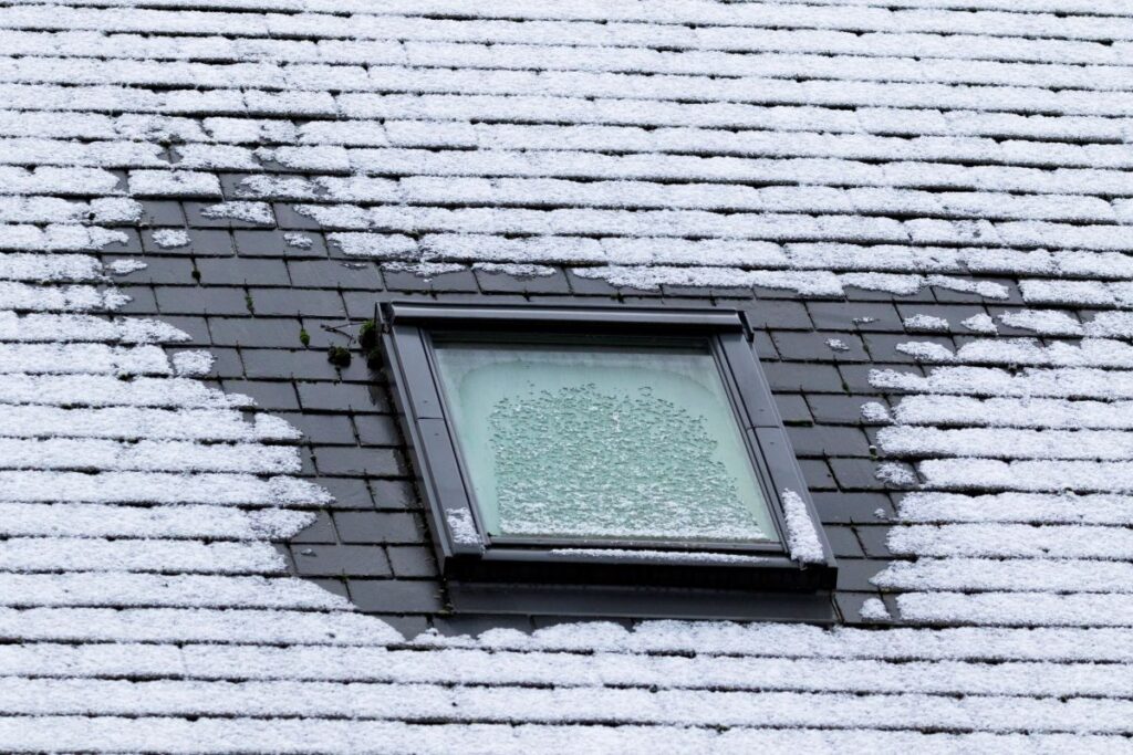 slate roof covered in snow winter time
