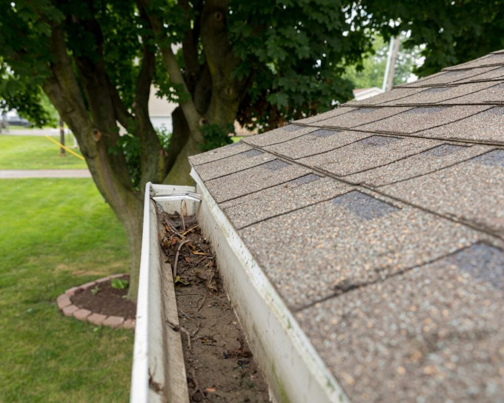 clogged gutters brown shingles roof dirty water system gutter