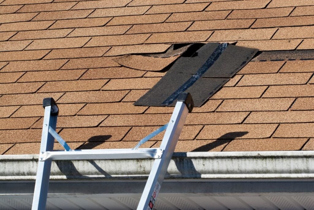 light brown missing shingles ladder against roof