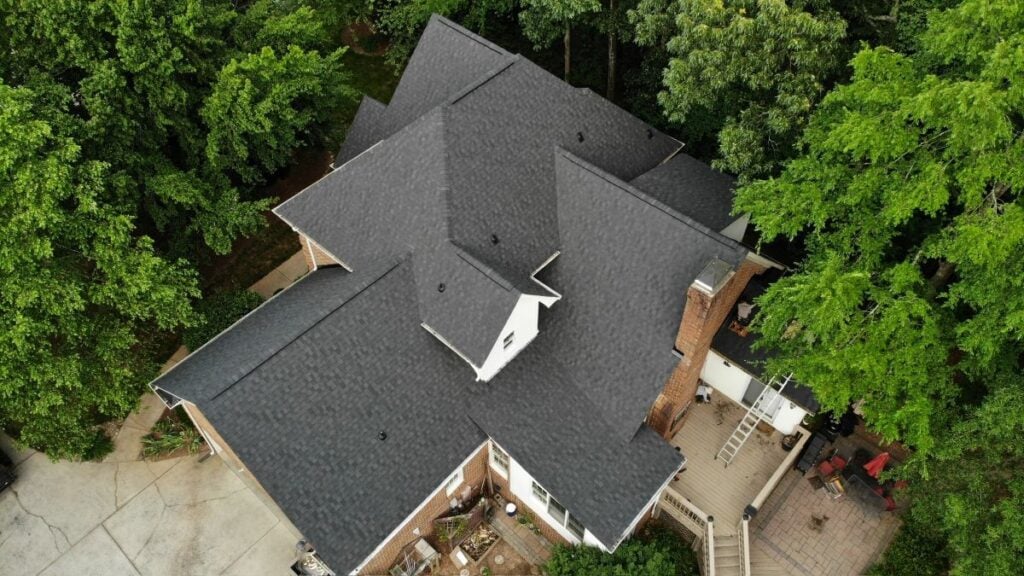 Aerial view of a dark grey shingle roof