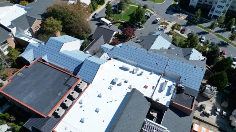 Aerial view of a roof replacement on a commercial roof
