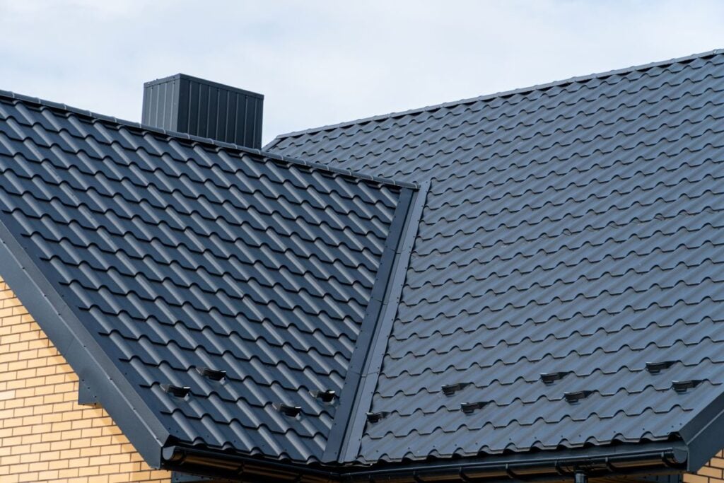 metal tile roof with metal roof flashing
