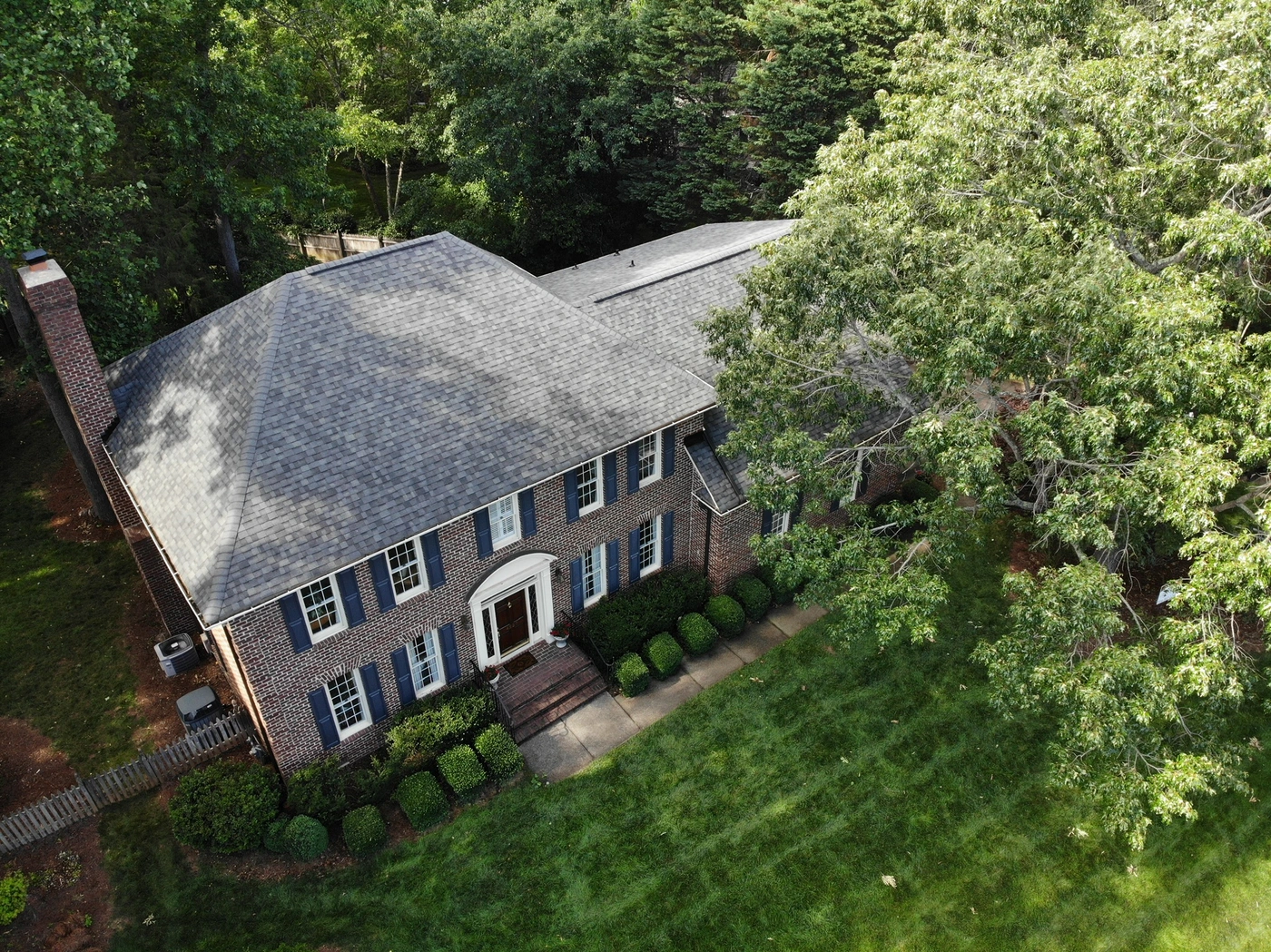 Aerial view of asphalt shingle roof replacement in marvin north carolina