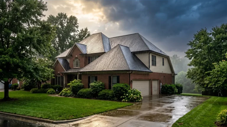 A large brick house with a two-car garage is surrounded by green lawns and wet pavement after rain, suggesting recent hail damage or wind storm roof damage. Trees and cloudy skies are visible in the background, a scene familiar to many Mooresville homeowners.