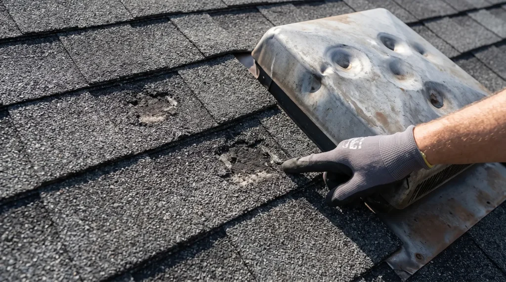 A gloved hand points to hail damage on an asphalt shingle roof near a metal vent, showing several dented and missing granule spots on the shingles—a common concern for Mooresville homeowners after severe hail or wind storm roof damage.