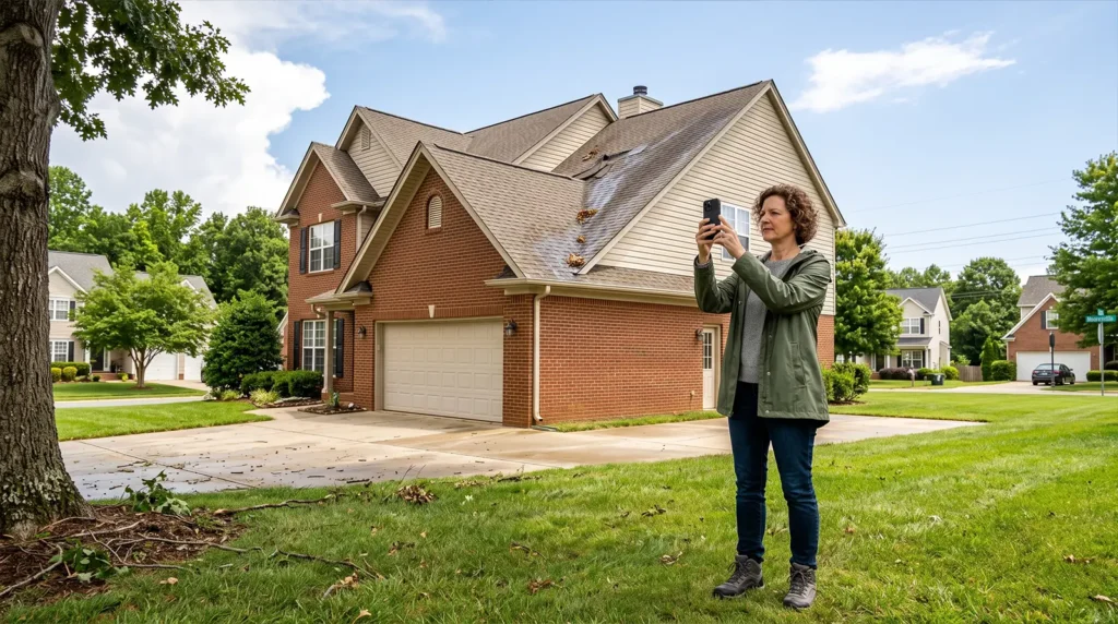 A woman stands on a lawn in front of a brick house, taking a photo of a tree with her phone. The weather is clear and sunny, and houses and trees are visible in the background—a peaceful scene that contrasts with recent wind storm roof damage reported by many Mooresville homeowners.