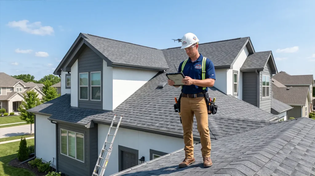 A construction worker wearing safety gear stands on a residential roof, holding a tablet to assess possible hail roof damage. A ladder is propped against the house, while other houses and trees are visible in the background under a clear blue sky—a familiar scene for many Mooresville Hickory homeowners after recent storms.