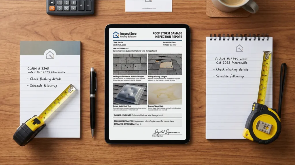 A tablet displaying a roof damage inspection report is on a wooden desk, surrounded by notepads with handwritten notes, a pen, measuring tape, calculator, business card, and a cup of coffee—providing Mooresville homeowners with clear documentation of potential wind storm roof damage or hail damage.