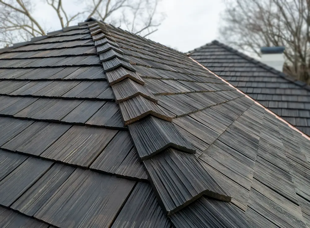 Completed composite cedar shake roof on Charlotte home