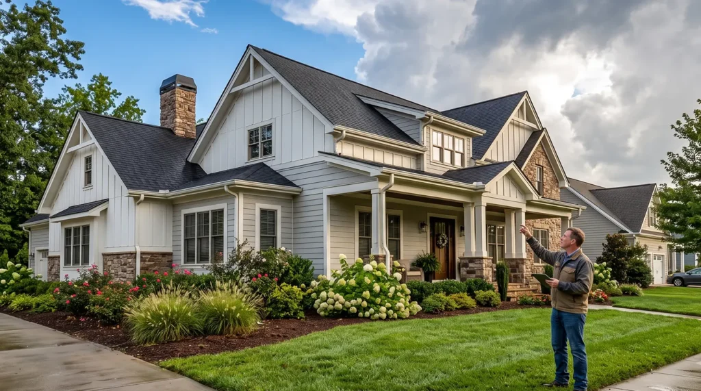 A man stands on a walkway in front of a large, modern house in Mooresville with white siding, stone accents, a front porch, green lawn, and landscaped bushes on a partly cloudy day—an ideal scene after a recent hail storm roof recovery.