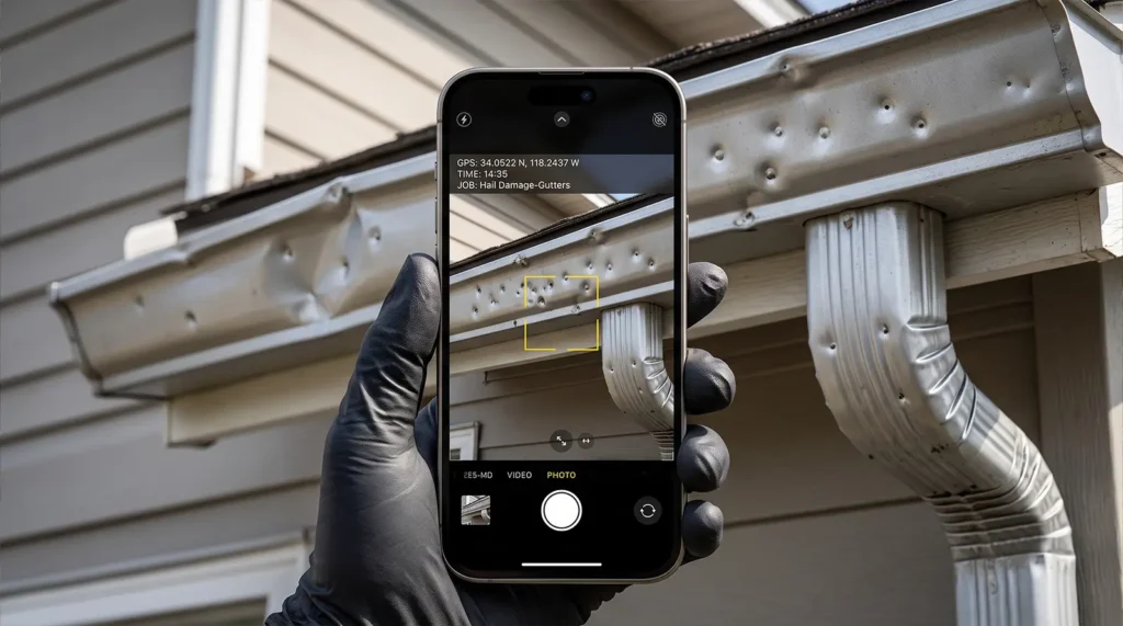 A gloved hand holds a smartphone taking a photo of a damaged metal gutter and downspout on a house, showing several dents and bends—likely the aftermath of a wind storm in Hickory, highlighting the need for a comprehensive roof recovery plan.