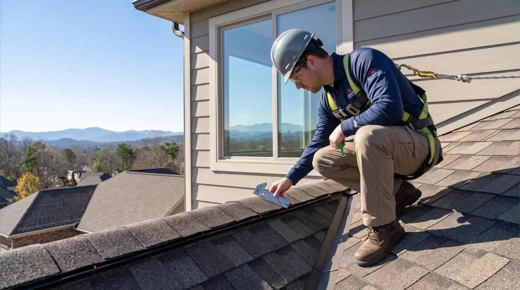 A worker in safety gear inspects a house roof with a tool, kneeling near a window under clear skies with mountains and trees visible in the background—part of a careful roof recovery plan following the recent hail storm Mooresville experienced.