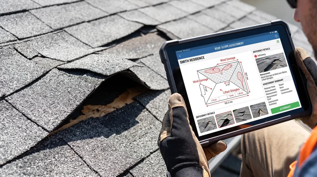A person inspects damaged roof shingles while holding a tablet displaying a roof damage assessment diagram and information, preparing a comprehensive roof recovery plan following the recent wind storm in Hickory.
