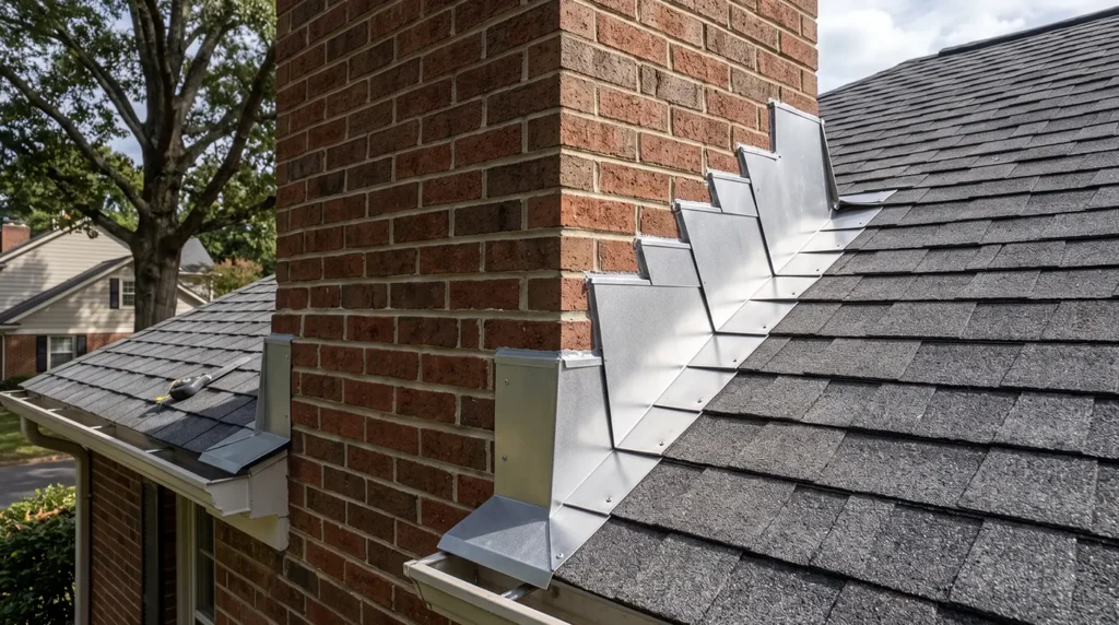 Metal flashing installed around a brick chimney where it meets an asphalt shingle roof, preventing water leaks—a crucial feature for homeowners focused on Charlotte roof storm preparation during hurricane season. Nearby houses and trees are visible in the background.