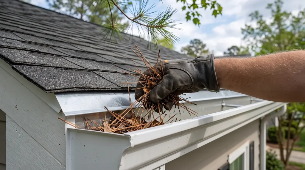 A gloved hand removes pine needles and leaves from a house gutter under a shingled roof, with trees and sky visible in the background—a crucial task for homeowners focused on Charlotte roof storm preparation before hurricane season.