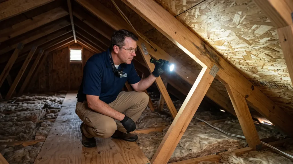 A man wearing gloves and holding a flashlight inspects wooden beams in an attic space with exposed insulation and plywood flooring—an important step for homeowners focused on Charlotte roof storm preparation ahead of hurricane season.