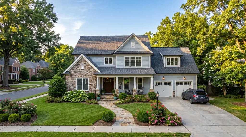 Two-story suburban house with gray siding, stone accents, a front porch, two-car garage, manicured lawn, garden, and a black car parked in the driveway on a sunny day—an inviting haven where homeowners can feel secure after taking the proper Charlotte roof storm preparation steps for hurricane season.