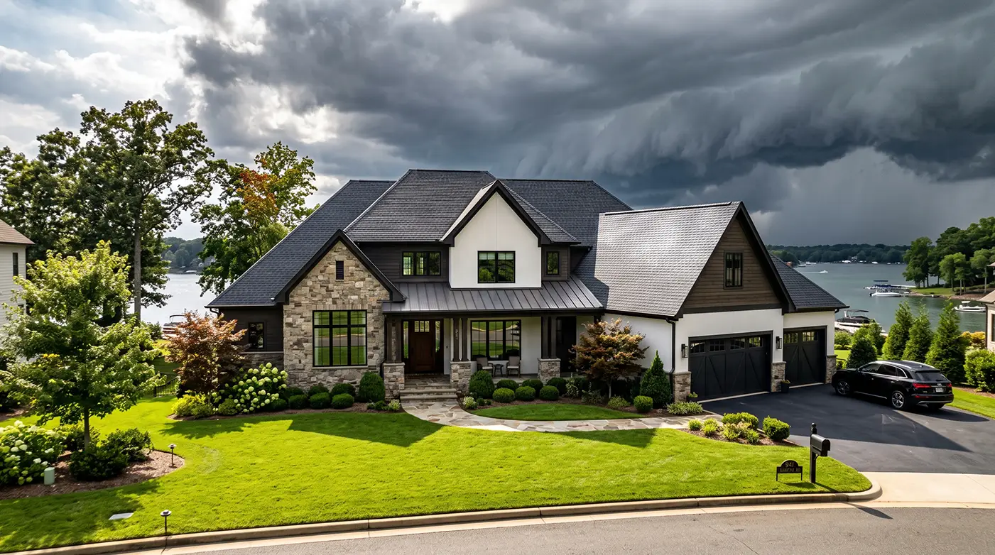 A modern lakeside house with stone and wood accents sits under a dark, stormy sky in Cornelius, NC. The yard is neatly landscaped, and a black car is parked in the driveway near a garage. Trees and water are visible in the background—an idyllic scene that hints at possible roof problems during intense summer thunderstorms.