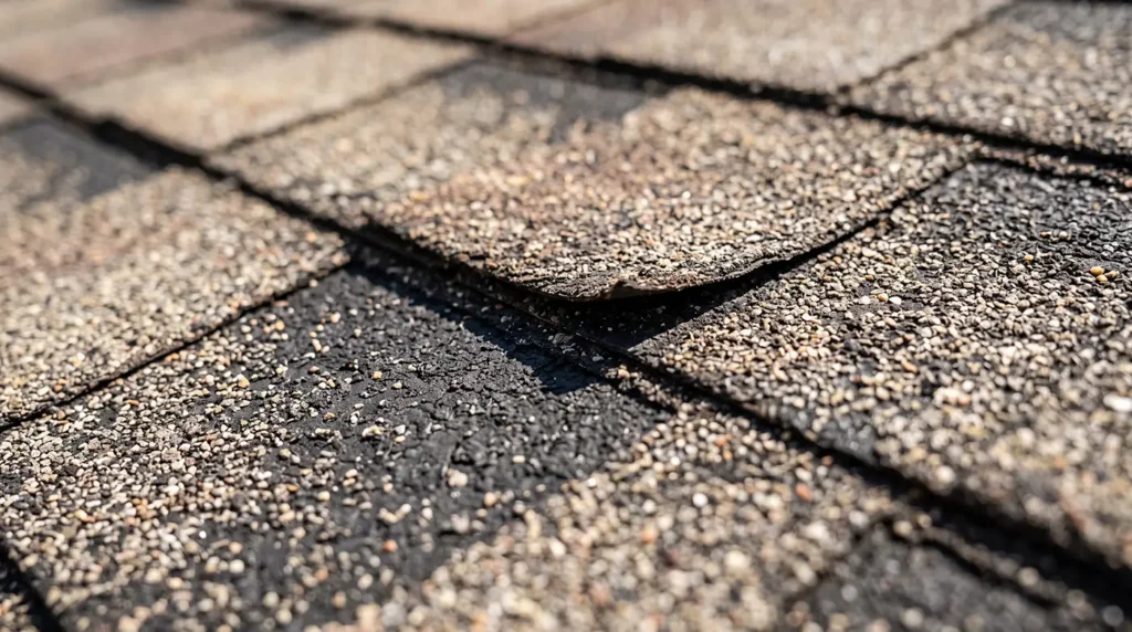 Close-up of asphalt roof shingles with one shingle lifted at the edge, exposing the black underlayer—a common sign of roof problems in Cornelius NC, especially after late-summer thunderstorms. The texture and granules of the shingles are clearly visible.