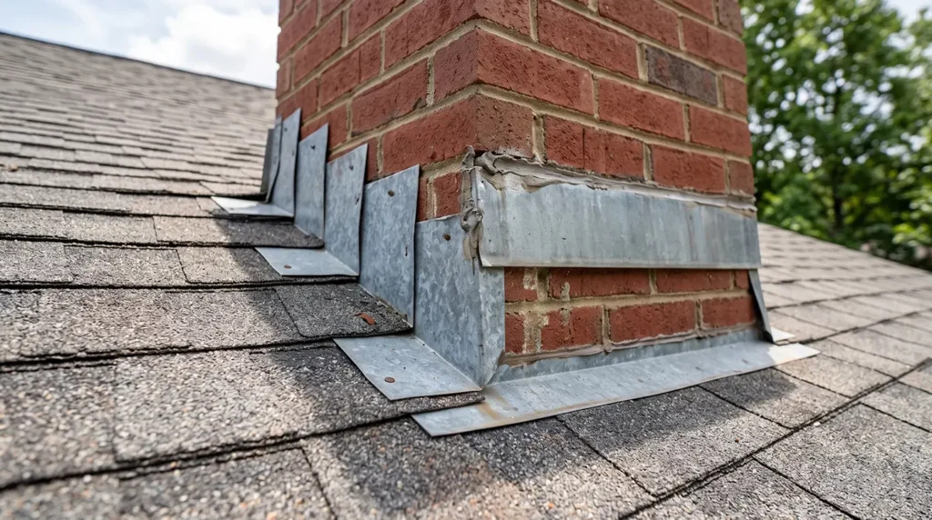 Close-up of a brick chimney with metal flashing installed at its base where it meets a shingled roof, showing waterproofing details and weathered materials—common areas for roof problems in Cornelius NC, especially after late-summer thunderstorms.