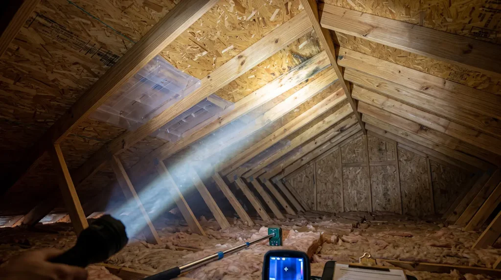 A flashlight beam highlights mold growth on the wooden beams of an attic in Cornelius, NC, with exposed insulation and inspection tools lying on the floor—evidence of roof problems often caused by late-summer thunderstorms.