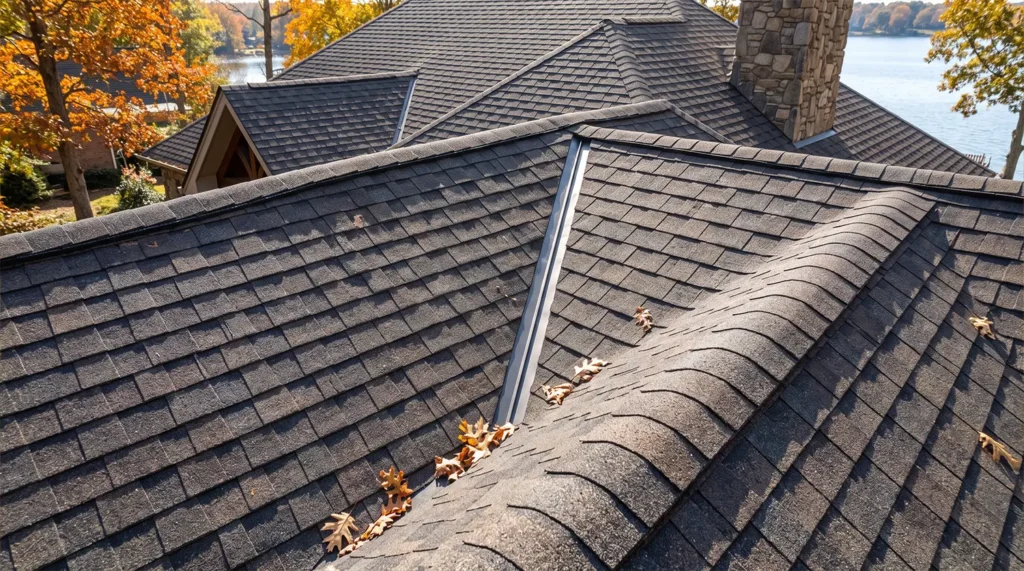 A high vantage point showing the gray shingled roof of a Lake Norman home with a stone chimney and scattered autumn leaves, overlooking a lake surrounded by trees.