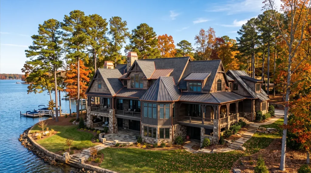Large multi-story house with a metal roof requiring maintenance, situated on the edge of Lake Norman surrounded by autumn trees.