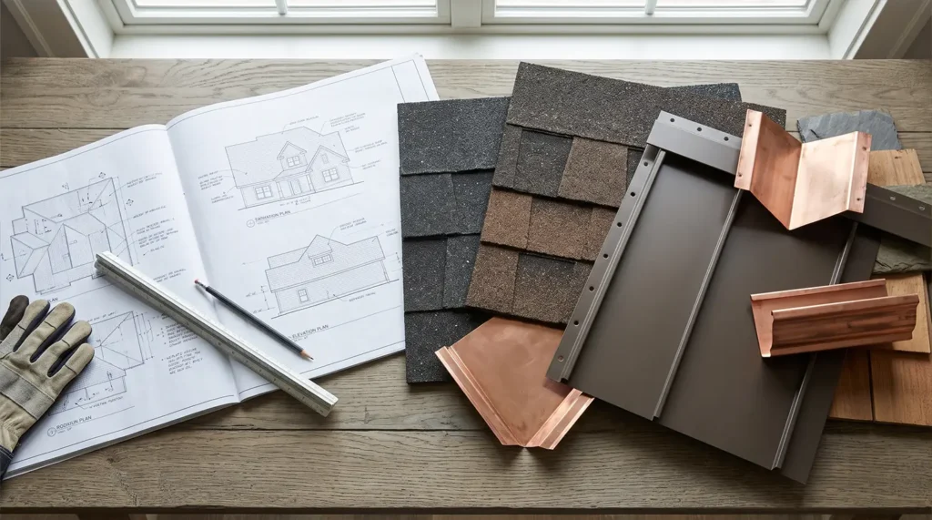 Architectural blueprints for Lake Norman homes, a pencil, a metal ruler, and various roofing material samples including shingles, metal panels, and copper flashing on a wooden table to assist with roof maintenance.