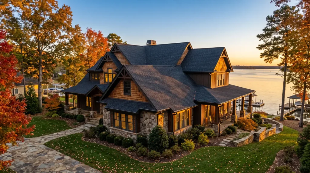 A two-story house with stone and wood siding sits on a lakefront property in Cornelius NC, surrounded by autumn trees at sunset.
