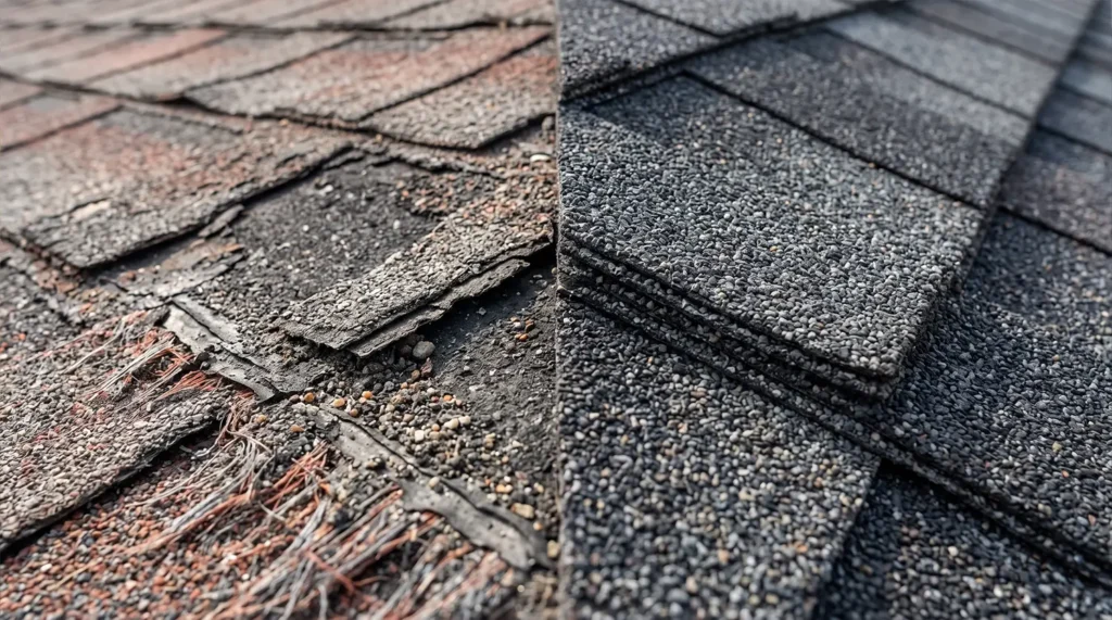 Damaged and worn asphalt roof shingles in Charlotte, NC, showing missing granules and curled edges that may lead to roof leaks.